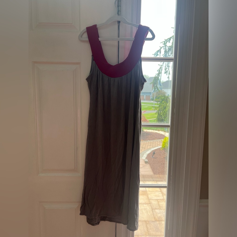 Aqua Gray Maxi Dress with Burgundy Detail